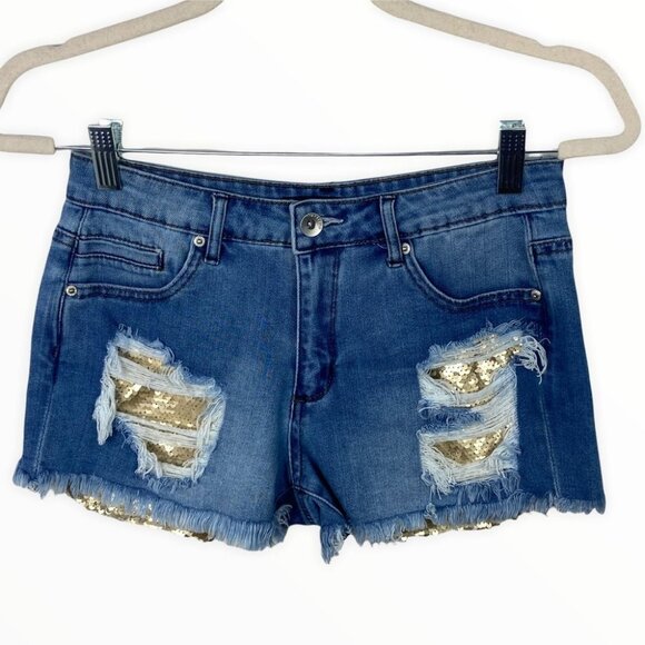Tractr Blue Destructed Denim Shorts Gold Sequin Pockets Size 25 Bohemian Boho - Picture 3 of 11
